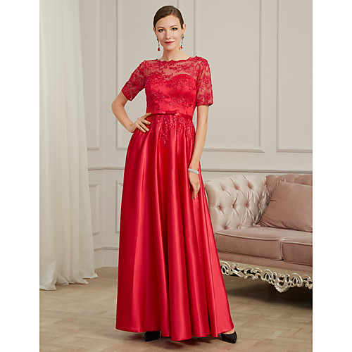 

A-Line Jewel Neck Floor Length Polyester / Lace / Tulle Elegant / Red Formal Evening / Wedding Guest Dress with Beading / Appliques / Pleats 2020