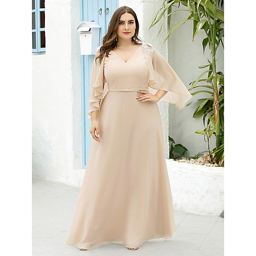 

A-Line V Neck Floor Length Chiffon Half Sleeve Elegant / Plus Size Mother of the Bride Dress with Appliques Mother's Day 2020 / Butterfly Sleeve