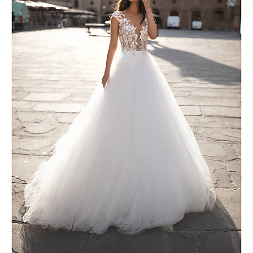 

A-Line Jewel Neck Sweep / Brush Train Tulle Sleeveless Formal Plus Size Wedding Dresses with Lace Insert / Appliques 2020