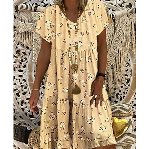 

Women's Yellow Beige Dress Shift Print V Neck S M