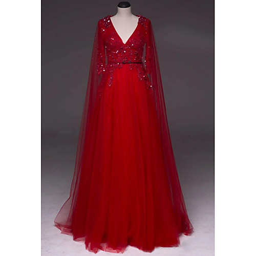 

A-Line V Neck Sweep / Brush Train Tulle Luxurious / Red Engagement / Formal Evening Dress with Beading / Sequin / Draping 2020