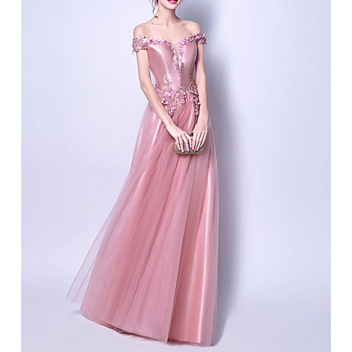

A-Line Off Shoulder Floor Length Polyester Spring / Pink Engagement / Prom Dress with Appliques 2020