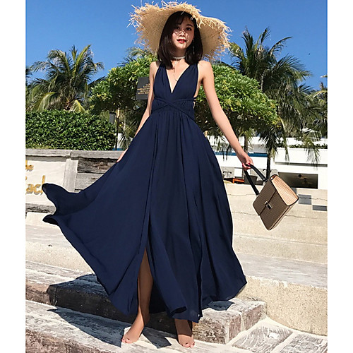 

Women's Maxi Black Dress Swing Solid Color Deep V S M