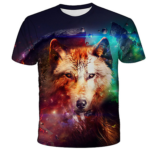 

Men's Daily Holiday Street chic / Exaggerated T-shirt - 3D / Tie Dye / Animal Wolf, Print Rainbow