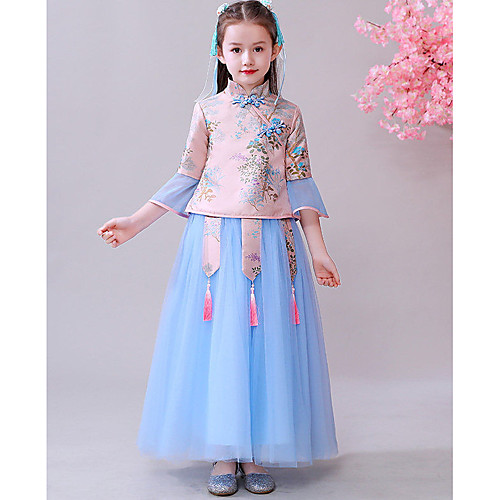 

A-Line Floor Length Pageant Dresses - Tulle 3/4 Length Sleeve High Neck with Embroidery / Appliques