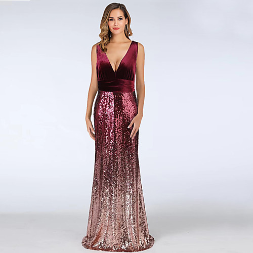 

A-Line V Neck Floor Length Velvet Color Block / Red Formal Evening / Wedding Guest Dress with Sequin 2020