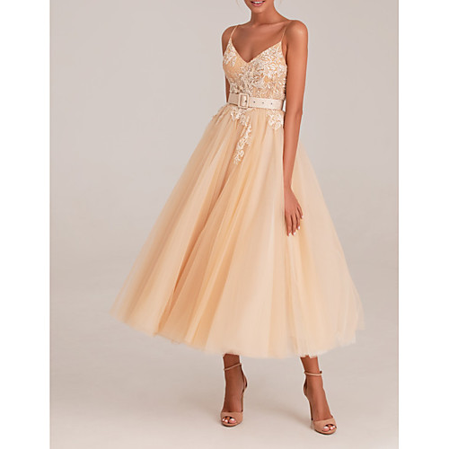 

A-Line V Neck Tea Length Tulle Elegant / Sexy Cocktail Party / Prom Dress with Sash / Ribbon / Pleats / Appliques 2020