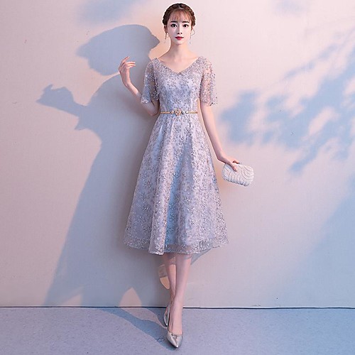 

A-Line V Neck Tea Length Polyester Elegant / Grey Cocktail Party / Homecoming Dress with Sash / Ribbon 2020