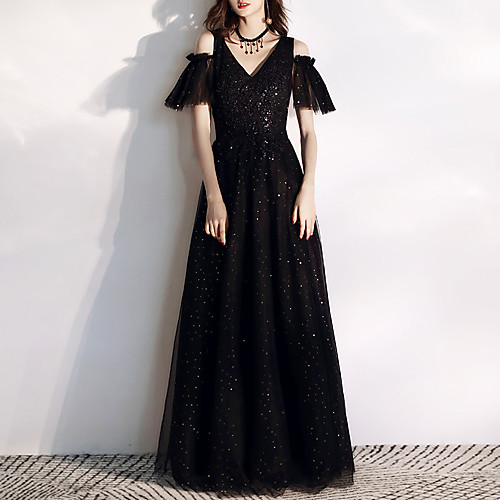

A-Line V Neck Floor Length Tulle / Sequined Sparkle / Black Engagement / Formal Evening Dress with Sequin 2020