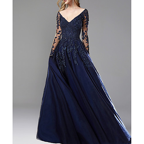 

A-Line V Neck Sweep / Brush Train Chiffon Elegant / Blue Wedding Guest / Formal Evening Dress with Appliques 2020