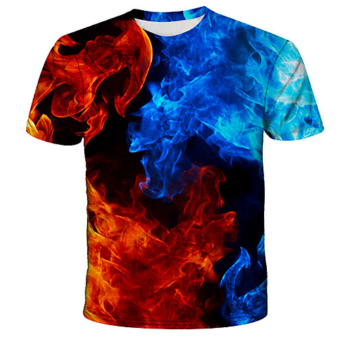 

Men's Daily Going out Basic / Street chic T-shirt - Color Block / 3D / Flame Patchwork / Print Rainbow