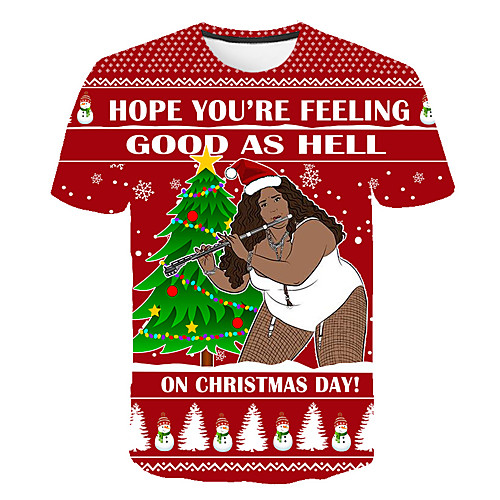 

Men's Daily Going out Basic T-shirt - 3D / Cartoon / Letter Santa Claus, Print Red