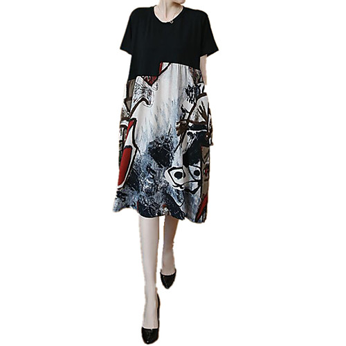 

Women's Black Dress Casual Chinoiserie Daily Going out Loose Geometric Patchwork Print L XL Loose
