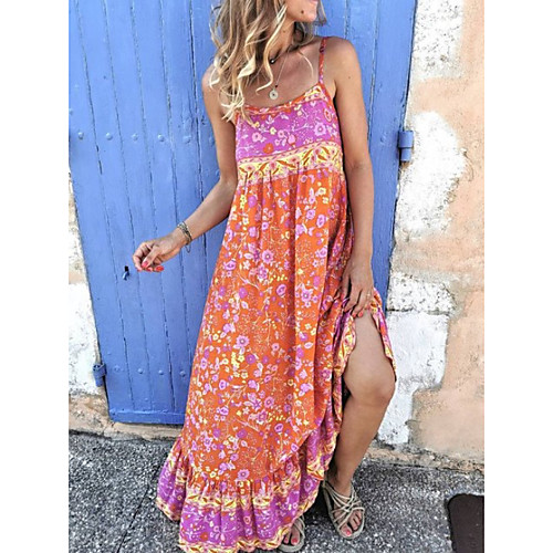 

Women's Maxi Yellow Orange Dress Shift Floral Strap S M Loose