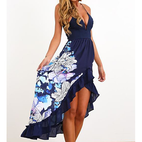 

Women's Blue White Dress Sheath Print V Neck S M