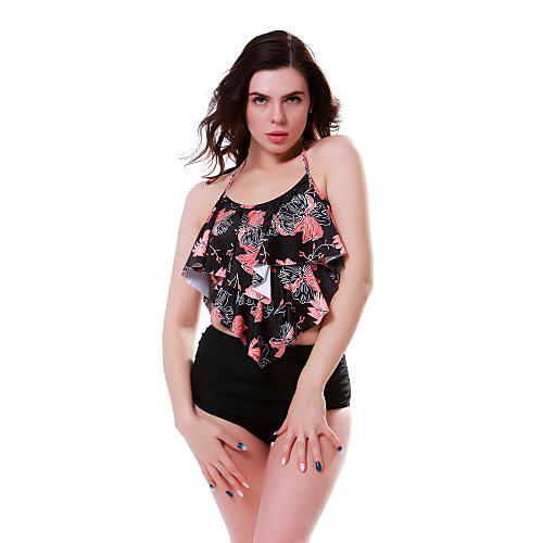 

Women's Basic Black Halter High Waist Bikini Swimwear Swimsuit - Floral Ruffle S M L Black