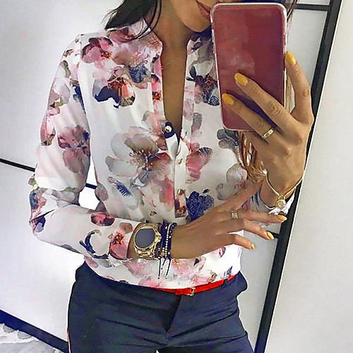 

Women's Daily Shirt - Floral Shirt Collar White