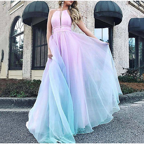 

Women's Maxi Light Blue Dress Swing Color Block Halter Neck S M