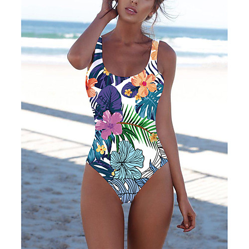 

Women's Sporty Basic White Triangle Cheeky One-piece Swimwear Swimsuit - Floral Color Block Backless Print S M L White