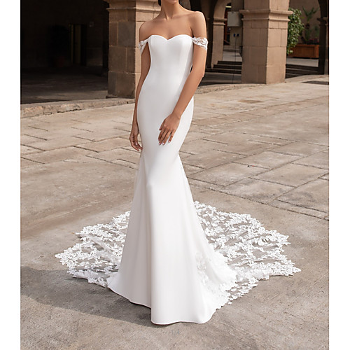 

Mermaid / Trumpet Off Shoulder Court Train Polyester Short Sleeve Simple Plus Size Wedding Dresses with Lace Insert / Appliques 2020