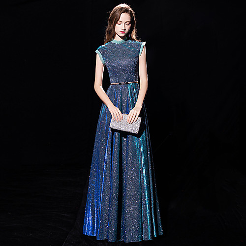 

A-Line High Neck Floor Length Sequined Sparkle / Blue Engagement / Formal Evening Dress with Sequin 2020