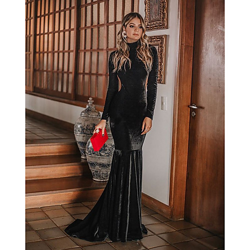 

Women's Maxi Black Dress Sheath Solid Color Crew Neck S M Slim