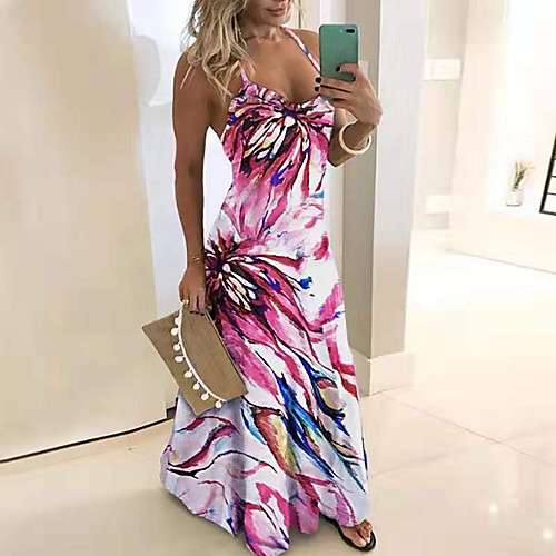 

Women's Maxi Plus Size Blushing Pink Dress Swing Print Color Block Strap S M Slim