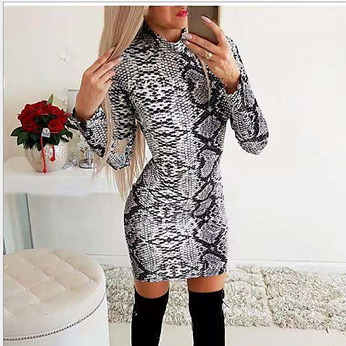 

Women's Khaki White Dress Sheath Leopard Crew Neck S M Slim