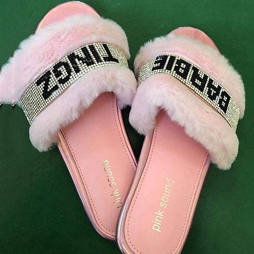 

Women's Slippers & Flip-Flops Flat Heel Round Toe Rabbit Fur Summer Black / Pink