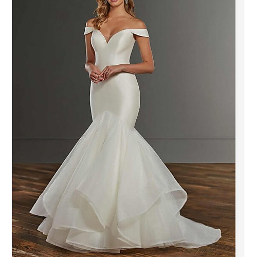 

Mermaid / Trumpet Off Shoulder Sweep / Brush Train Satin / Tulle Short Sleeve Country Plus Size Wedding Dresses with Cascading Ruffles 2020