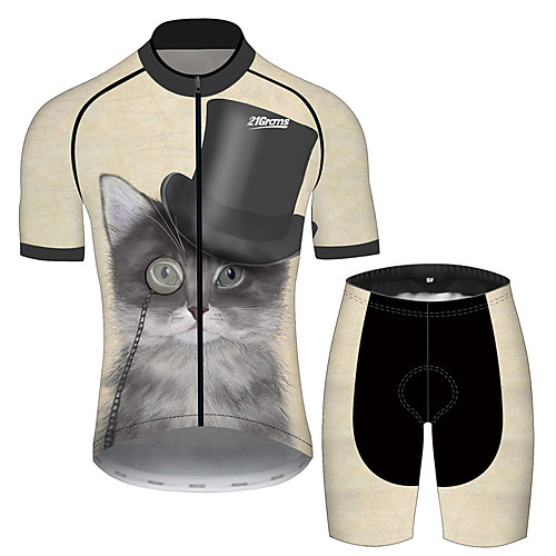 

21Grams Men's Short Sleeve Cycling Jersey with Shorts BrownGray Cat Animal Bike Clothing Suit UV Resistant Breathable 3D Pad Quick Dry Sweat-wicking Sports Cat Mountain Bike MTB Road Bike Cycling