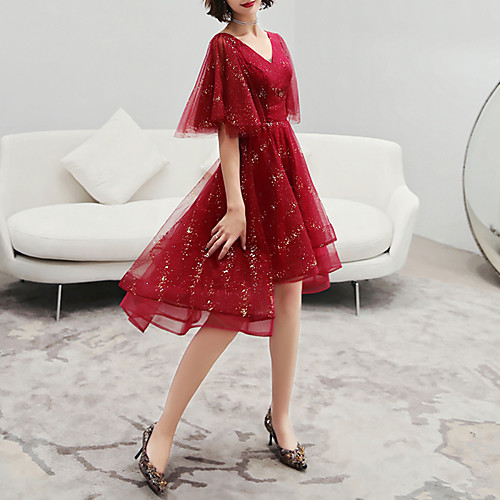 

A-Line V Neck Asymmetrical Tulle Glittering / Red Cocktail Party / Prom Dress with Sequin 2020
