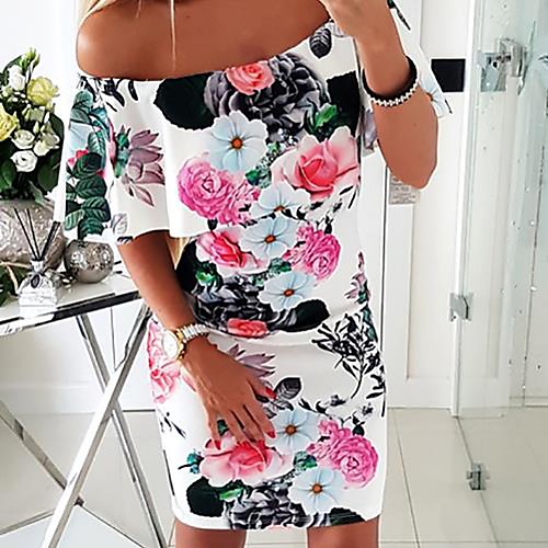 

Women's White Dress Bodycon Geometric Off Shoulder S M