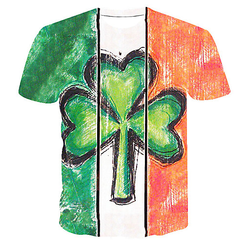 

Men's Daily Going out Basic T-shirt - Striped / Color Block / 3D Tropical Leaf, Print Light Green