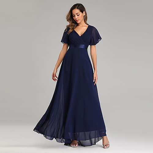 

A-Line V Neck Floor Length Chiffon Empire / Blue Prom / Wedding Guest Dress with Pleats 2020