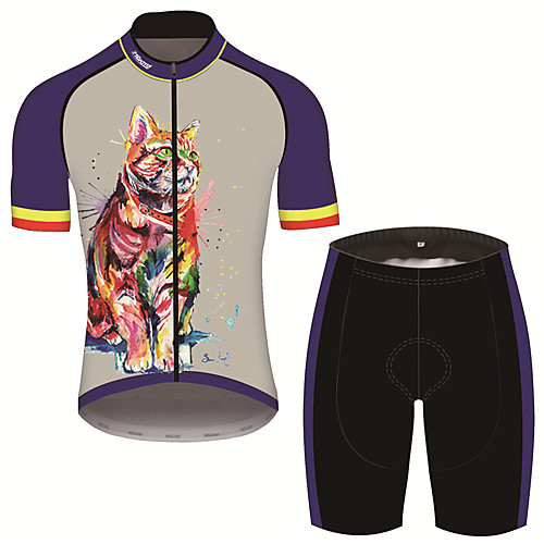 

21Grams Men's Short Sleeve Cycling Jersey with Shorts Jacinth Gray Cat Animal Bike Clothing Suit UV Resistant Breathable 3D Pad Quick Dry Sweat-wicking Sports Cat Mountain Bike MTB Road Bike Cycling