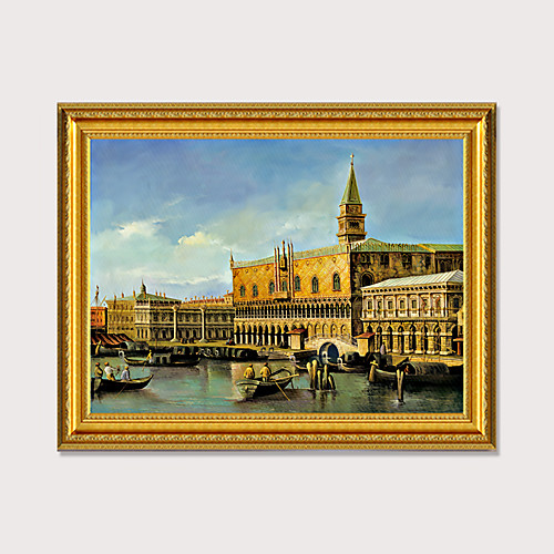 

European Italy Water City Scene Picture on Wood Board Frame Luxury Design Hand Printed Canvas Gilt Wood Carved Oil Painting