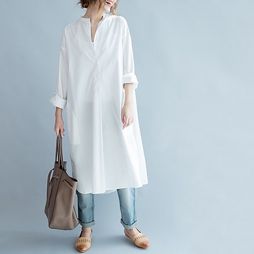 

Women's White Dress Loose Solid Color V Neck One-Size Loose