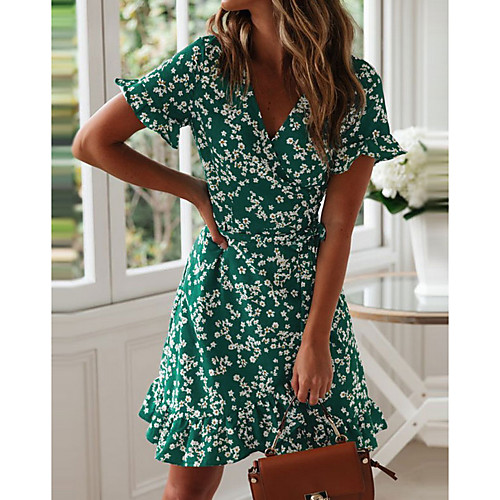 

Women's Green Navy Blue Dress A Line Floral Deep V S M