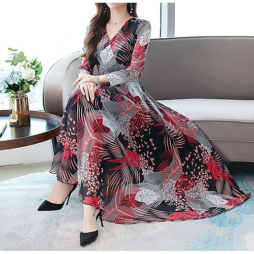 

Women's Red Blue Dress Swing Print V Neck M L