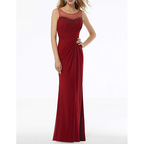 

Sheath / Column Jewel Neck Floor Length Chiffon Elegant / Red Wedding Guest / Formal Evening Dress with Sequin / Draping 2020