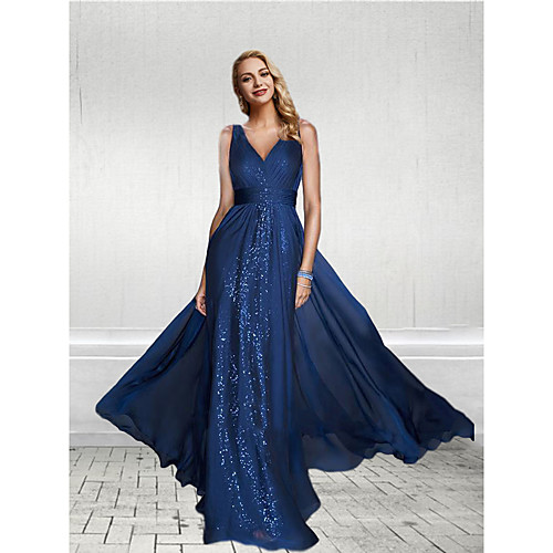 

Sheath / Column V Neck Floor Length Chiffon / Sequined Empire / Blue Party Wear / Formal Evening Dress with Sequin / Split Front 2020