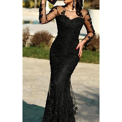

Mermaid / Trumpet Illusion Neck Sweep / Brush Train Polyester Elegant / Black Wedding Guest / Formal Evening Dress with Lace Insert / Appliques 2020
