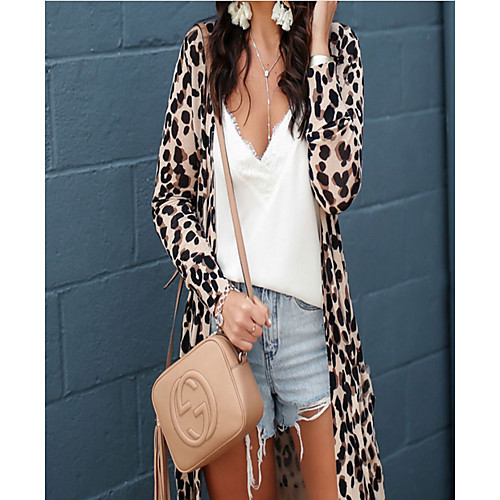 

Women's Daily Fall & Winter Long Coat, Leopard Notch Lapel Long Sleeve Polyester Army Green / Brown / Gray