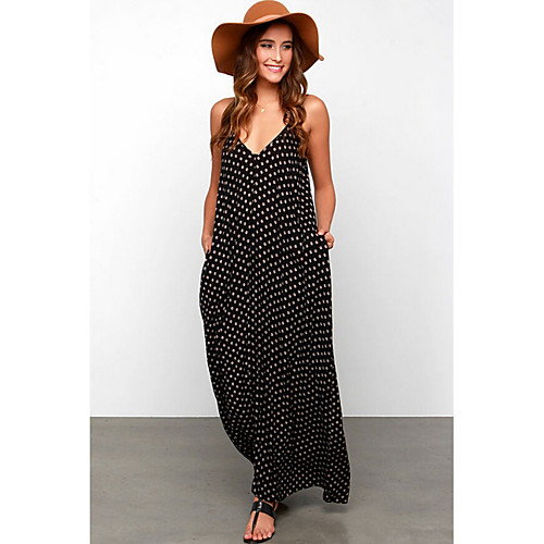 

Women's Maxi Black Dress Loose Polka Dot Strap S M Loose