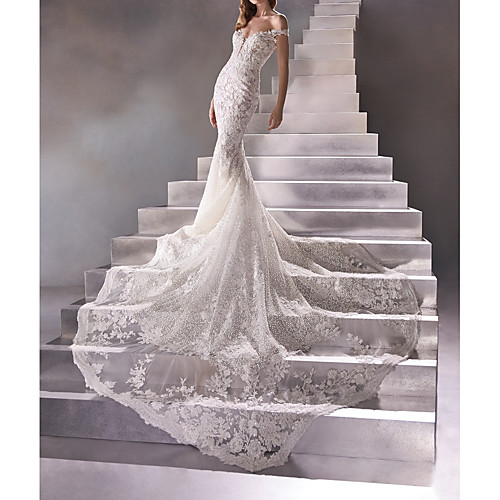 

Mermaid / Trumpet Off Shoulder Court Train Lace Short Sleeve Country See-Through Wedding Dresses with Lace / Appliques 2020