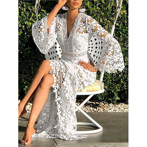 

Women's Maxi White Dress Sheath Solid Color V Neck S M
