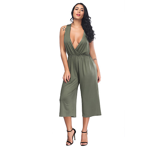 

Women's Street chic / Sophisticated Army Green Brown Jumpsuit Onesie, Solid Colored Backless / Criss Cross M L XL
