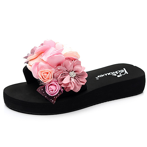 

Women's Slippers & Flip-Flops Flat Heel Open Toe Imitation Pearl / Satin Flower Polyester Sweet / Chinoiserie Walking Shoes Summer Pink / Dark Blue / Color Block