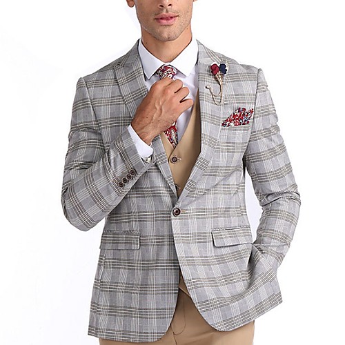 

Men's Suits, Plaid Notch Lapel Polyester Gray